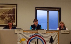 Patti Mackey, Agnes Moran and Chere Klein answer questions at City Hall in Wrangell Tuesday, July 29, 2014.
