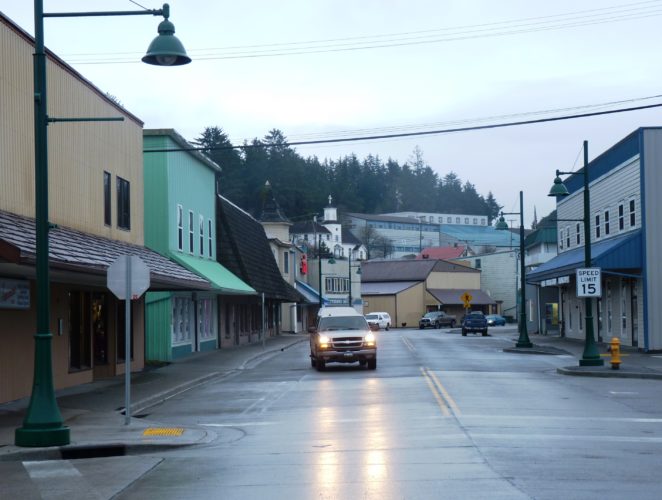 A truck drives through an uncrowded downtown Wrangell in this 2013 photo. The community's incoming borough manager says she'll continue persuing economic development. (Photo by Ed Schoenfeld, CoastAlaska News)